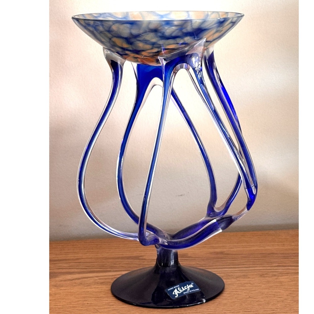 Alicja Art Glass Jellyfish Pedestal Bowl 9" Blue Hand Blown Poland Vintage